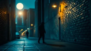 Engaging Clean thriller scene capturing mystery in a dark alley with suspenseful lighting.