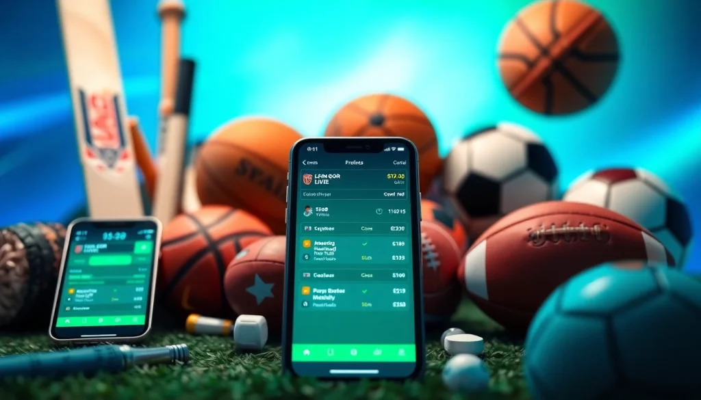 Engaging interface showcasing best sports betting apps in India with sports items surrounding it.
