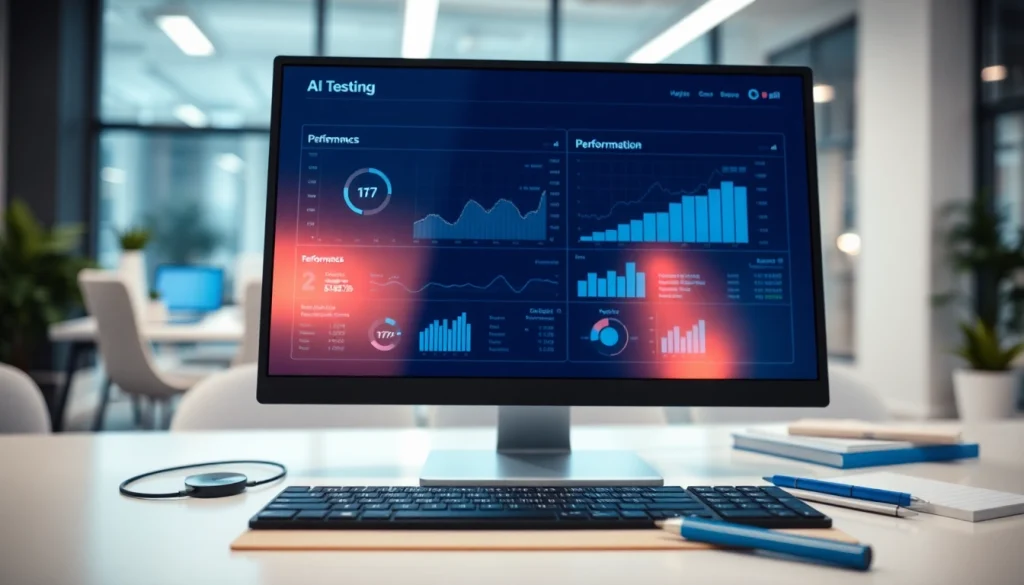 Monitor displaying AI testing results at https://www.benchbot.ai in a modern office setting.