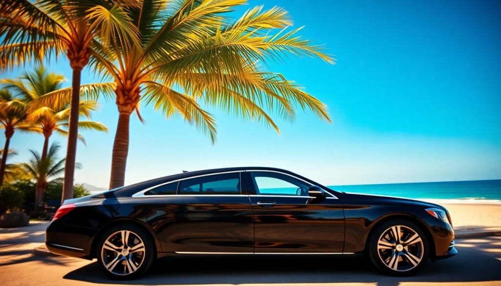 Cabo airport transportation in a luxurious setting with a sleek vehicle and scenic beach view.