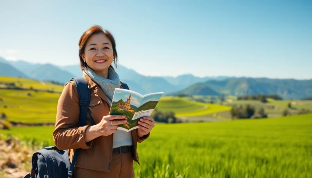 Guide presenting the journey opportunities at https://travelvixta.com in a stunning landscape.