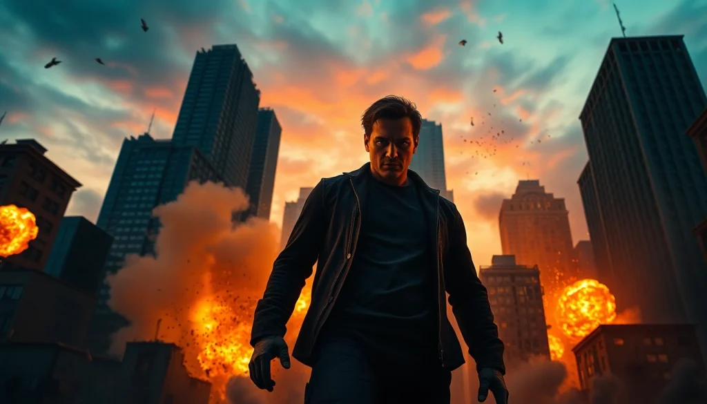 Action thriller hero poised in explosive city chaos, embodying courage and tension.