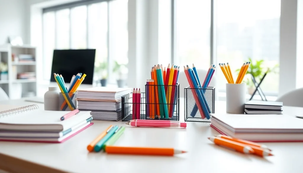 Showcasing essential office stationery supplies on a modern desk, enhancing organization and productivity.