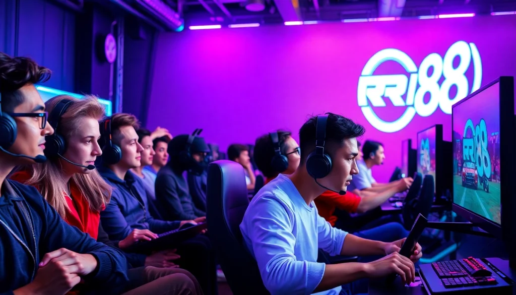 Gamers engaging with advanced gaming technology featuring the RR88 logo, creating an energetic atmosphere.