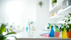 Engaged in a professional Cleaning Service, a skilled cleaner tidies a modern kitchen, highlighting cleanliness.