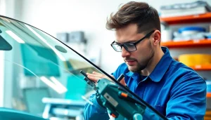 Expert performing cracked windshield repair Thornton with precision tools in a bright workshop.