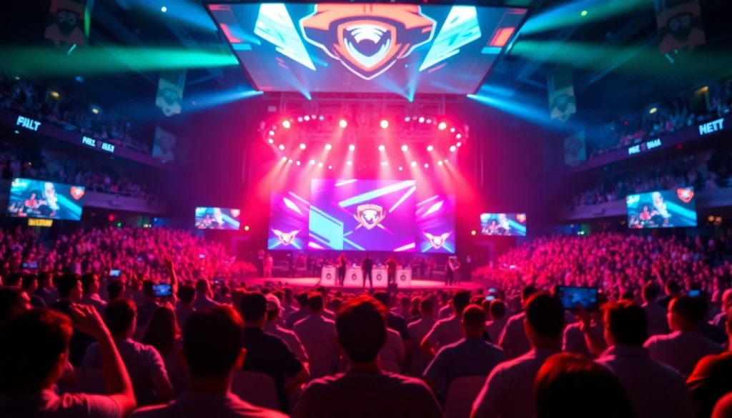 View of an esports arena at https://gamelevate.com showcasing intense gaming competition and cheering fans.