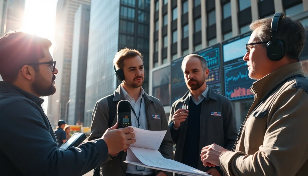 Evaluate noise impact assessment with acoustic engineers analyzing data in an urban setting.