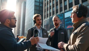 Evaluate noise impact assessment with acoustic engineers analyzing data in an urban setting.