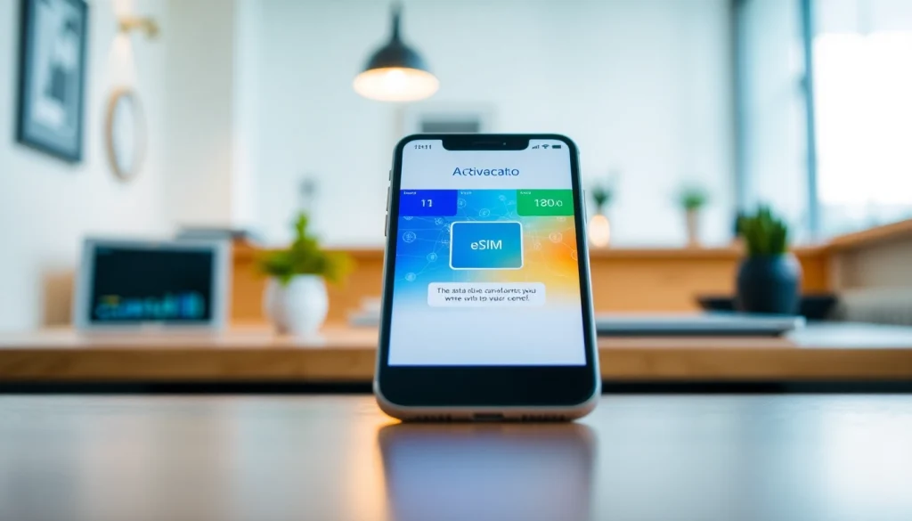 Activate eSIM on a smartphone from https://esimfo.com amidst a modern, tech-inspired workspace.