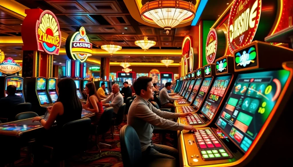 คาสิโนที่แสดงถึงผู้เล่นที่เข้าร่วมในกิจกรรมการพนันที่น่าตื่นเต้นในบรรยากาศสดใส