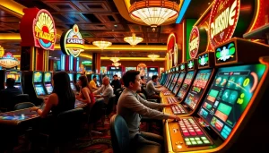 คาสิโนที่แสดงถึงผู้เล่นที่เข้าร่วมในกิจกรรมการพนันที่น่าตื่นเต้นในบรรยากาศสดใส