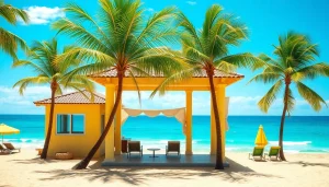 Relaxing coastal cabana on the beach with palm trees and vibrant surroundings