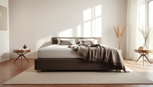 Materasso matrimoniale di alta qualità in una camera accogliente, con cuscini e coperta in vista.