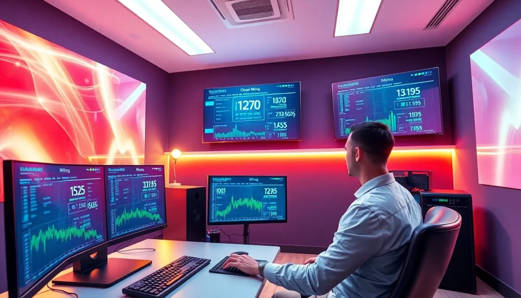 Cloud mining workspace with modern tech setup and data displays.
