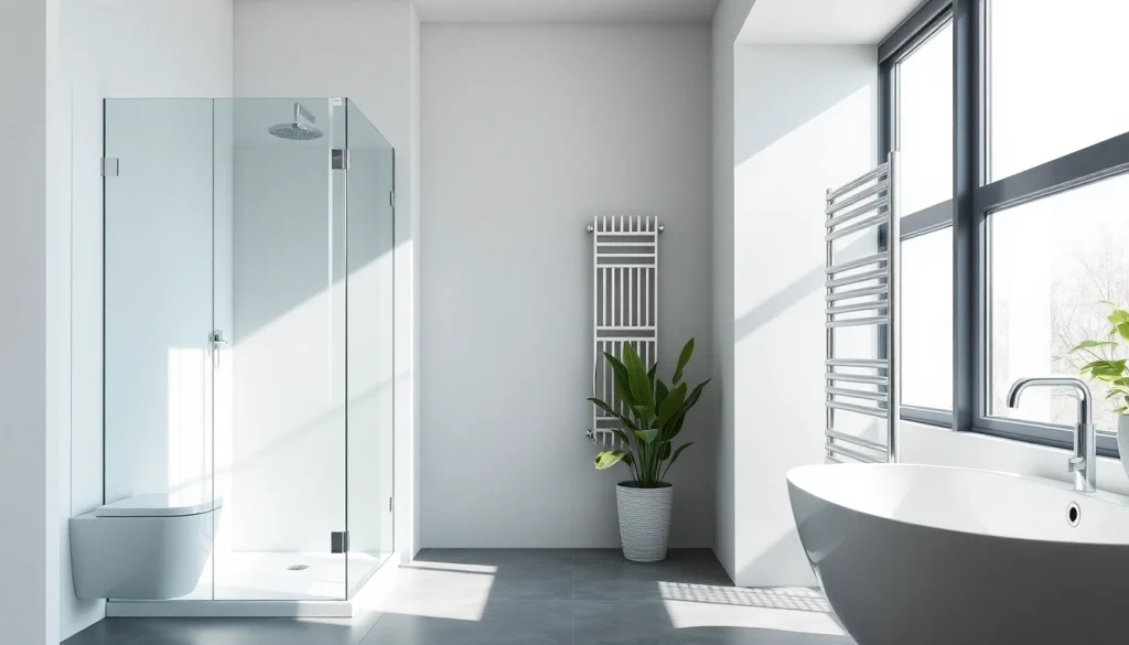 Bad mit eleganten Sonni Sanitär Produkten, einschließlich Duschwänden und Heizkörpern in modernem Design.