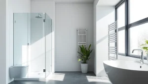 Bad mit eleganten Sonni Sanitär Produkten, einschließlich Duschwänden und Heizkörpern in modernem Design.