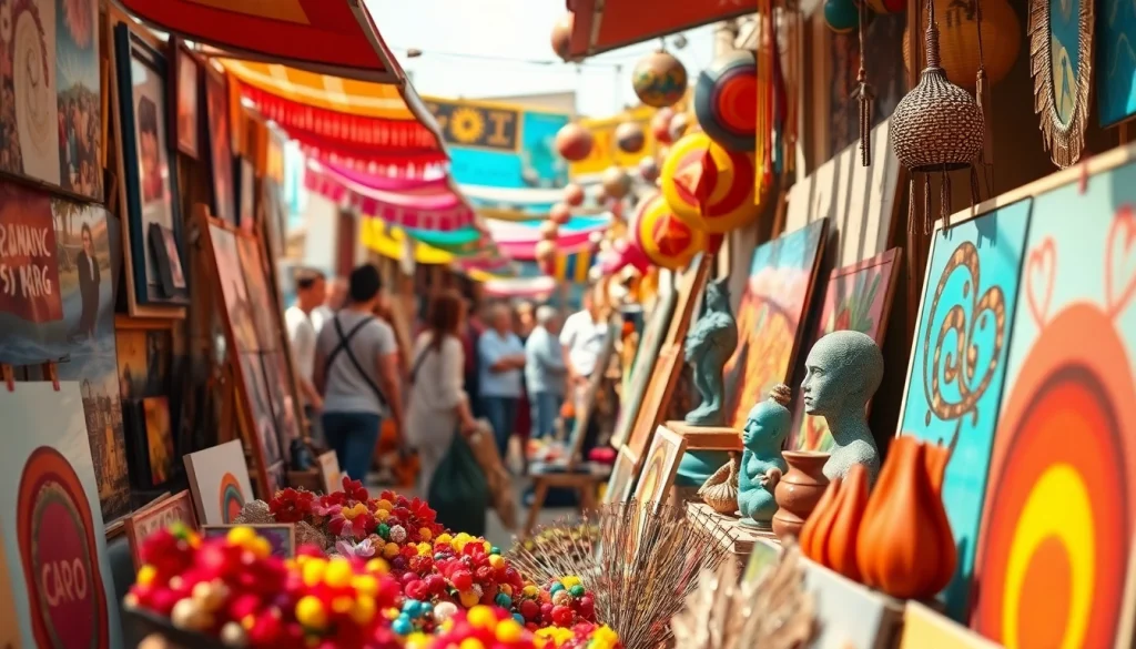 Jentoto menampilkan keramaian pasar seni yang hidup dengan berbagai karya seni dan penjual kreatif.