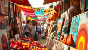 Jentoto menampilkan keramaian pasar seni yang hidup dengan berbagai karya seni dan penjual kreatif.