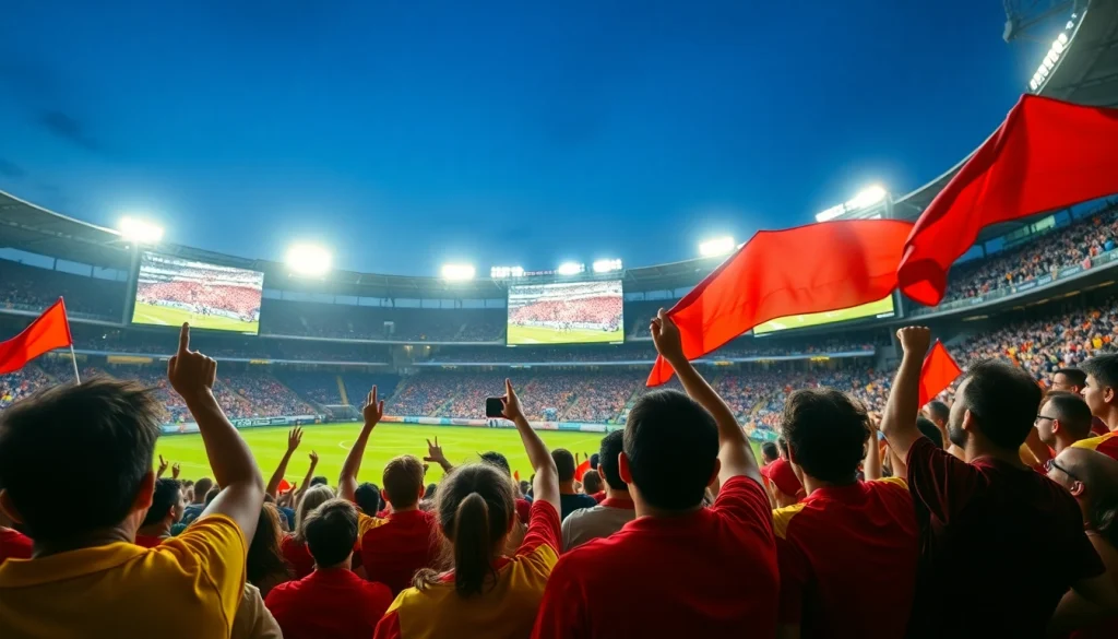 스포츠중계에서 환호하는 팬들의 모습과 경기 화면이 담긴 생생한 현장.