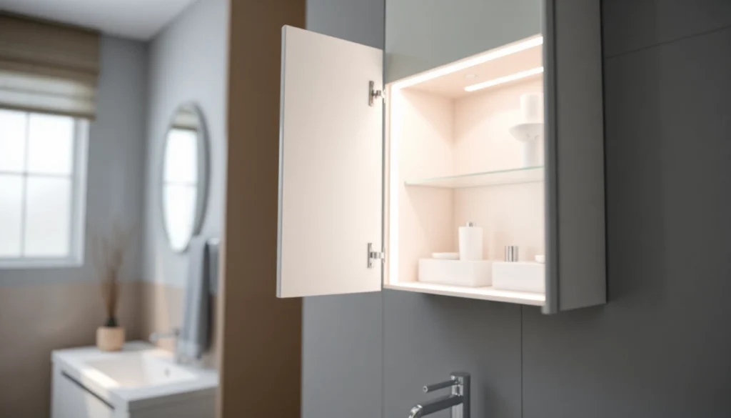 Spiegelschrank mit LED Beleuchtung modern und funktional im Badezimmer präsentieren.