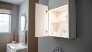 Spiegelschrank mit LED Beleuchtung modern und funktional im Badezimmer präsentieren.