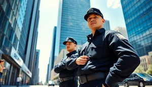 Security Guards ensuring safety and vigilance at a corporate building entrance in a bustling city.