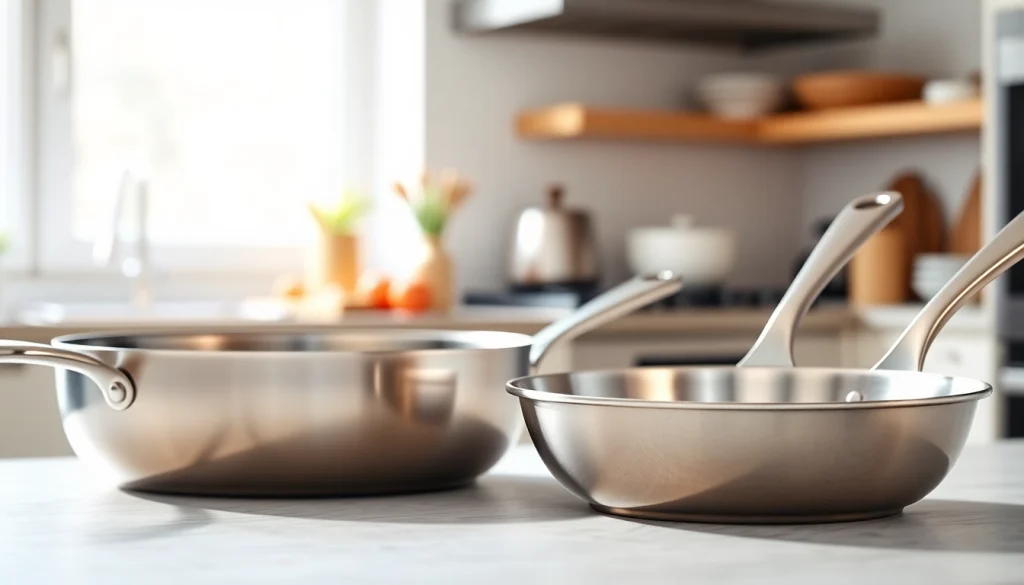 Showcase of stainless steel cookware NZ in a stylish kitchen setup featuring light and modern aesthetics.