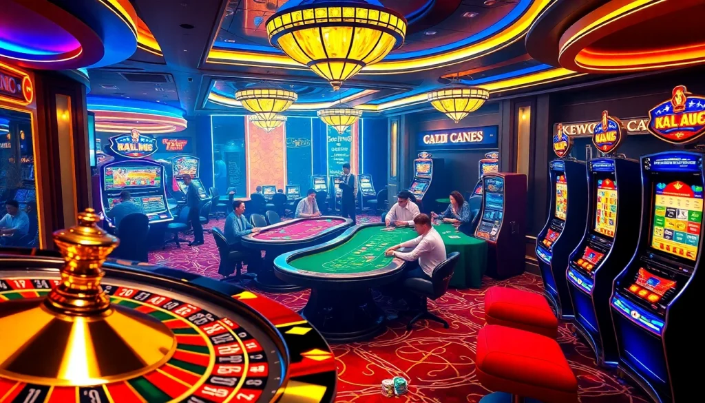 The KJC AC 1 casino scene showcasing vibrant roulette wheels and engaging players at poker tables, highlighting a thrilling gambling experience.