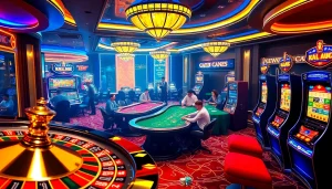 The KJC AC 1 casino scene showcasing vibrant roulette wheels and engaging players at poker tables, highlighting a thrilling gambling experience.