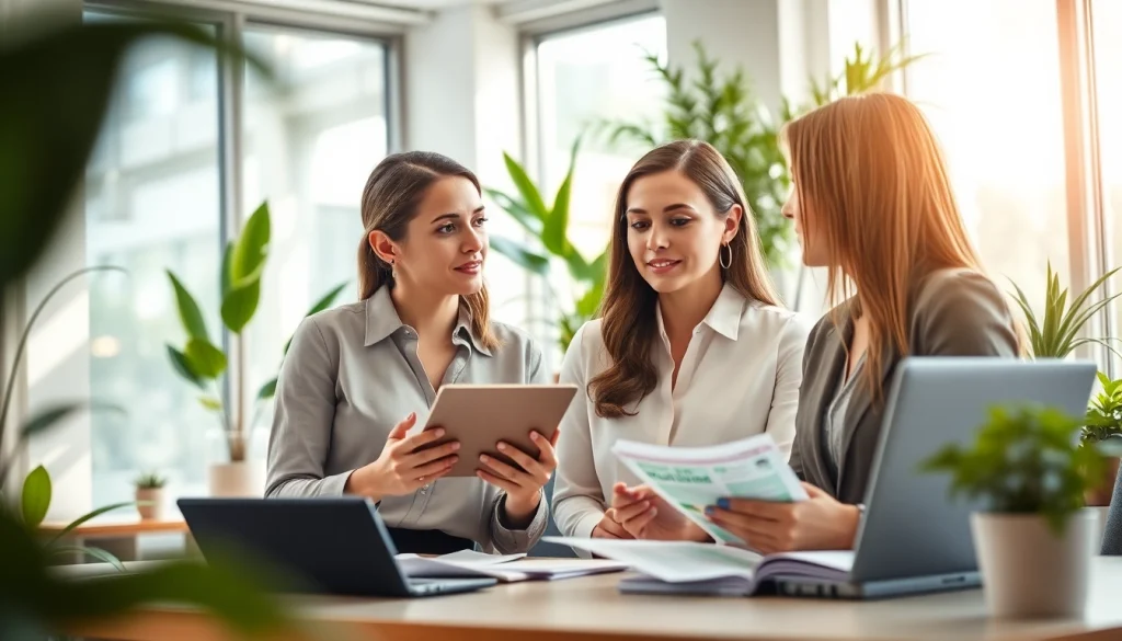 Empowered women discussing health insights at https://womens-health-advice.org in a modern office setting.