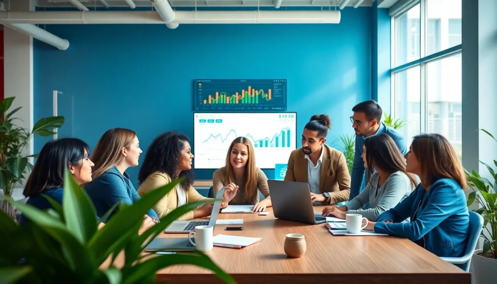 SEO company team strategizing in a vibrant office environment.