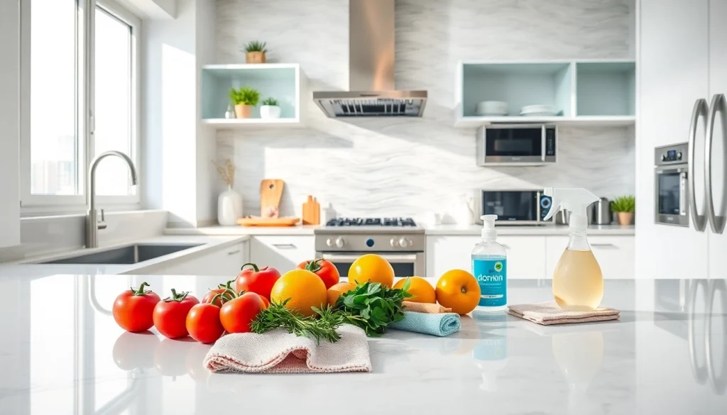 Kitchen deep cleaning Dubai showcasing a spotless kitchen with polished surfaces and vibrant fruits, ensuring a fresh atmosphere.
