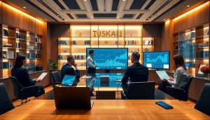 Modern financial office scene with executives reviewing digital data, emphasizing 79king’s trustworthy and innovative financial solutions for 2025