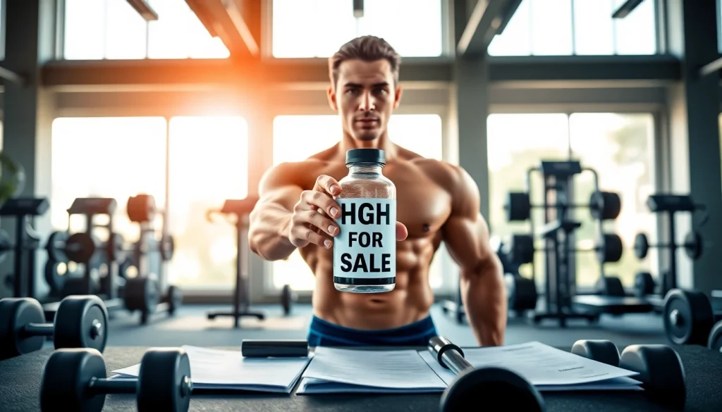 Enhance your fitness with HGH FOR SALE showcased by a fit model in a vibrant gym setting.