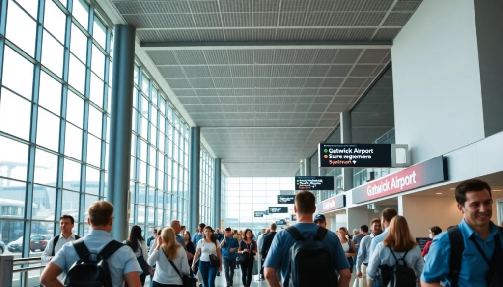 Travelers navigating Gatwick Airport's modern terminal, highlighting its vibrant atmosphere and busy activity.