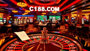 Experience the excitement at C168 COM with a high-stakes poker game amidst glamorous casino settings.