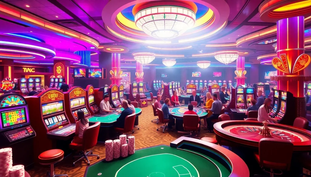 Experience the vibrant gambling world of KJC AC 1 with players enjoying casino tables and slot machines.