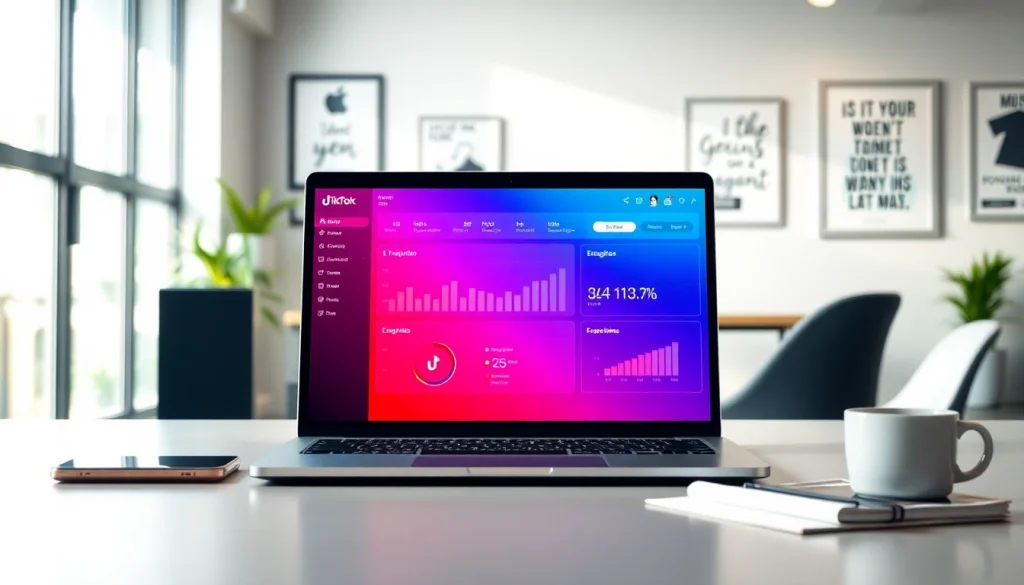 View of a TikTok SMM panel showcasing analytics on a modern laptop in a bright office.