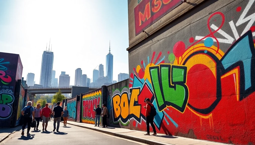 Engaging graffiti wall art in an urban setting showcasing vibrant colors and street life.