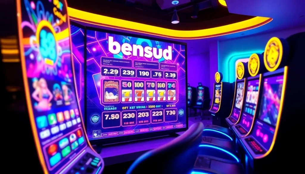 Menggambarkan platform bensu4d dengan slot mesin yang berwarna-warni dalam suasana permainan yang dinamis.