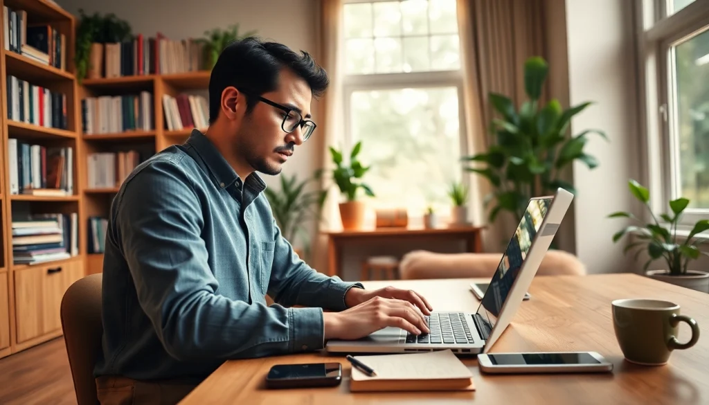 Journalist working diligently in a home office setting, capturing the essence of regionalmedianews.com.