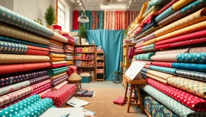 Wafel katoen in diverse kleuren en patronen in een textielwinkel.