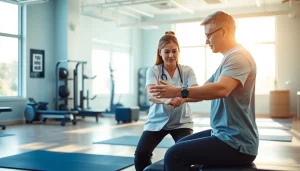 Engaging session of Health in Motion Rehabilitation with a therapist and patient focusing on personalized care.