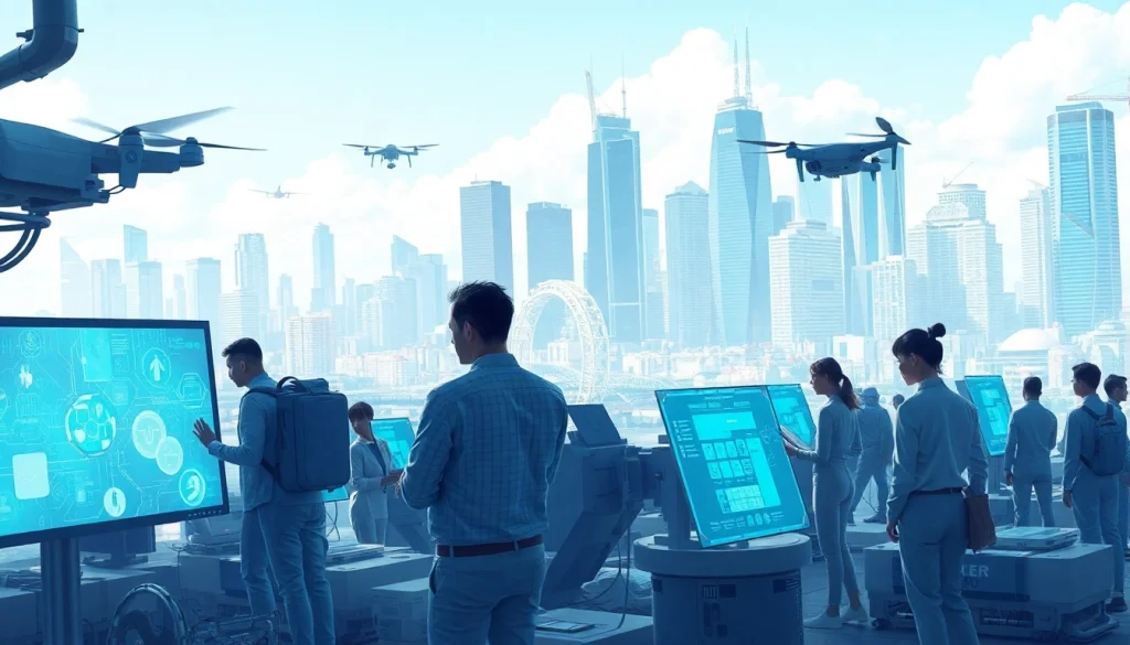 Technology innovation scene showing diverse individuals collaborating in a futuristic environment.