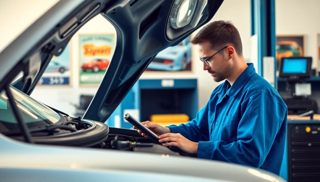 Mechanic performing California Smog Check on a vehicle in a professional garage.