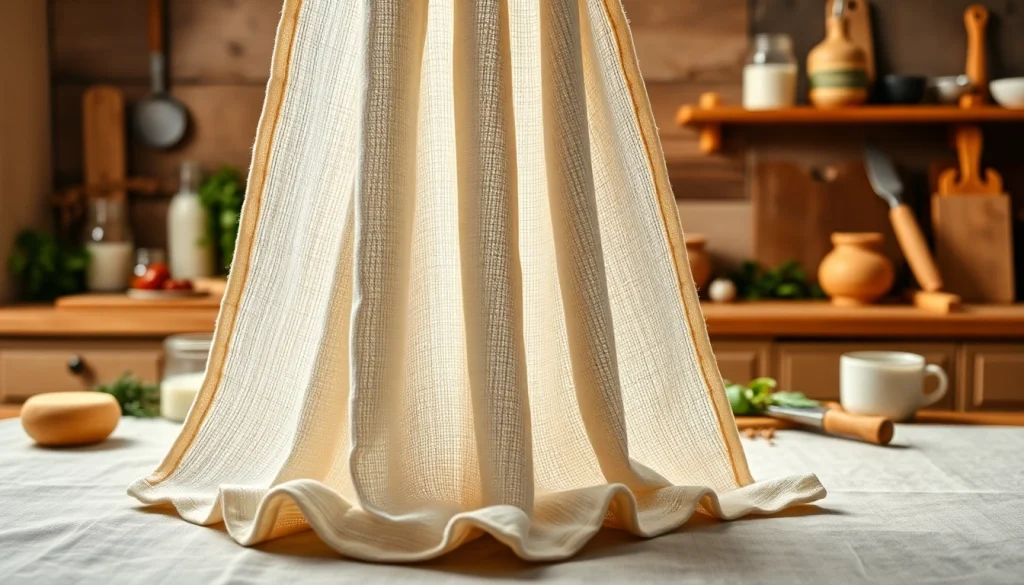 Kaasdoek die in een keuken hangt met vers gemaakte ingrediënten voor kaas.