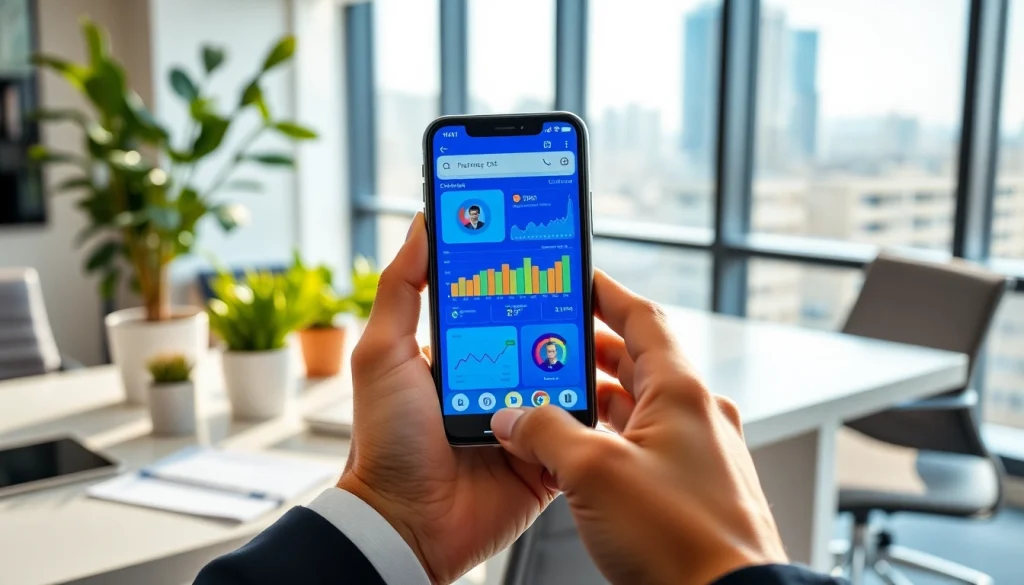 Showcase mobile CRM app on smartphone in modern office environment.