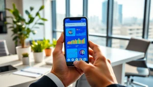 Showcase mobile CRM app on smartphone in modern office environment.