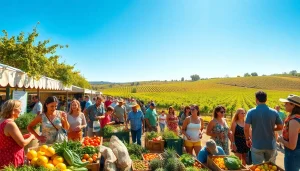 People enjoying the farmer's market in Clarksburg, CA under bright sunlight.